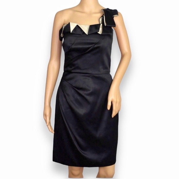 Max and Cleo Ruffle One Shoulder Cocktail Dress Black / Cream Size Small - Picture 2 of 11